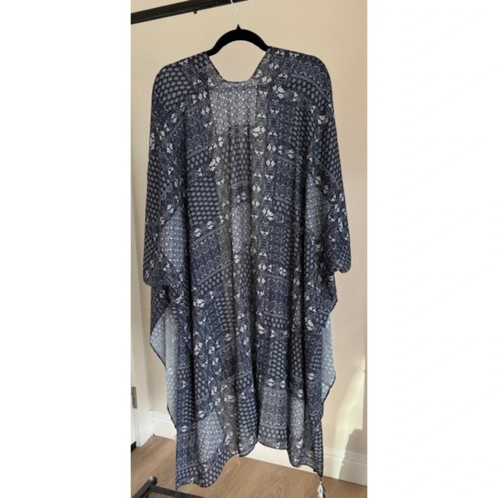 Davi & Dani Navy Blue‎ Patchwork Paisley Tassel Kimono Cardigan 1XL